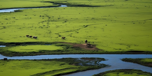 Pantanal con áreas de cultivo de algodón y maíz paisaje lleno de ríos y fauna exótica IA generativa