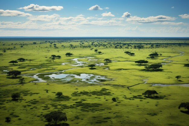 Pantanal con áreas de cultivo de algodón y maíz paisaje lleno de ríos y fauna exótica IA generativa