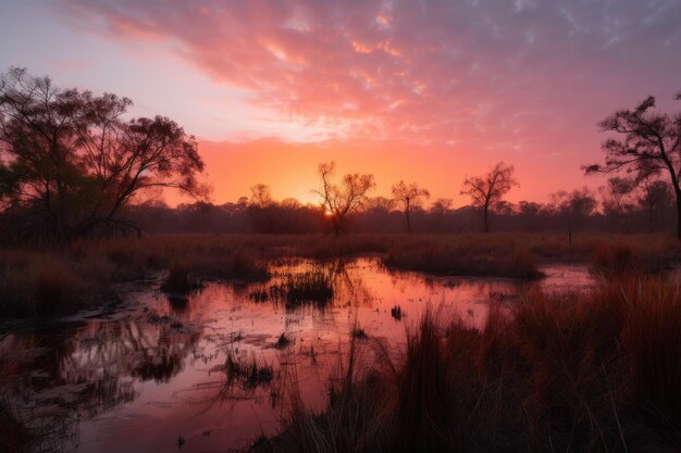 Pantanal com o nascer do sol, o céu brilhando em laranja e rosa criado com ai generativa