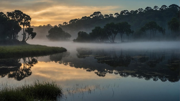 Foto pantano neblinoso al amanecer com arboles retorcidos