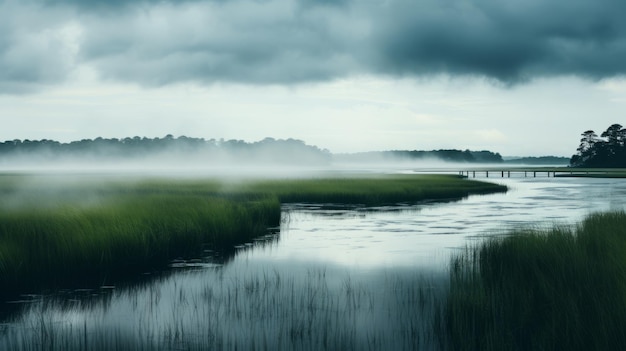 Un pantano sereno con niebla y niebla Una imagen UHD cautivadora