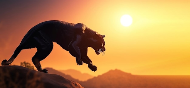 Pantera en la caza en un salto en el día de África contra el telón de fondo del sol naciente AI generado