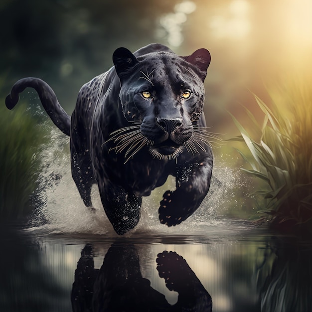 Pantera majestuosa corre sobre el agua en la jungla Animal peligroso