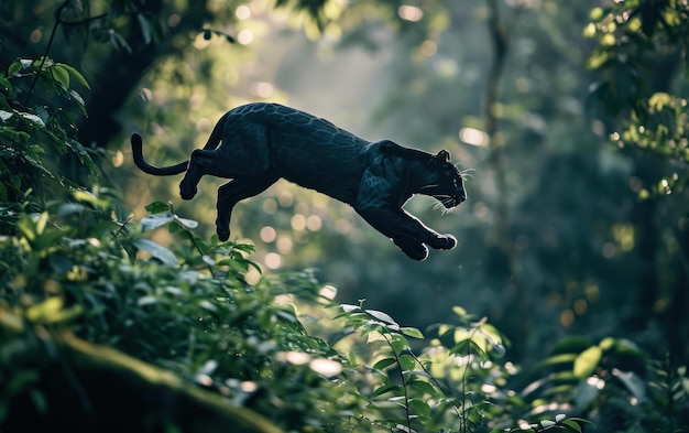 Foto pantera negra a saltar pela selva.