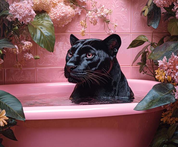 Una pantera negra en la bañera rosa rodeada de flores exóticas