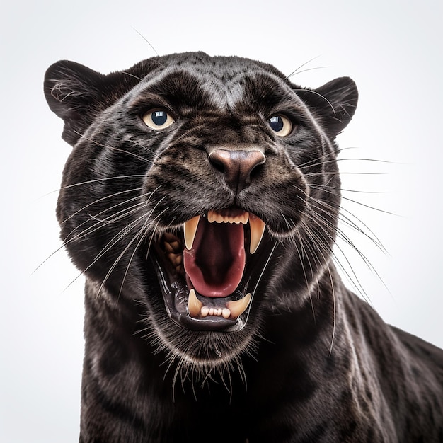 Pantera negra depredador enojado miedo leopardo gruñe y descubre sus colmillos cabeza primer plano aislado