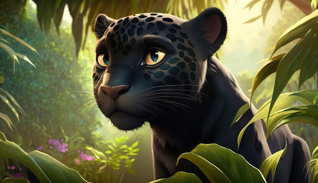 Pantera negra de dibujos animados lindo en la IA generativa de la jungla