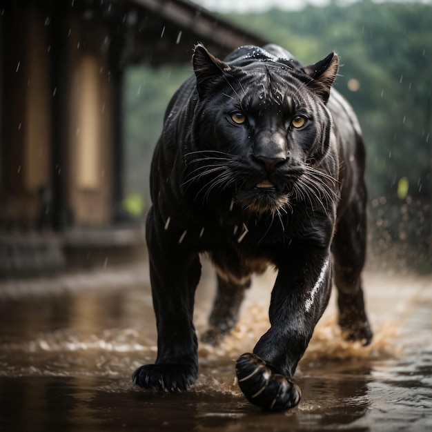 La Pantera Negra es atrapada corriendo bajo la lluvia.