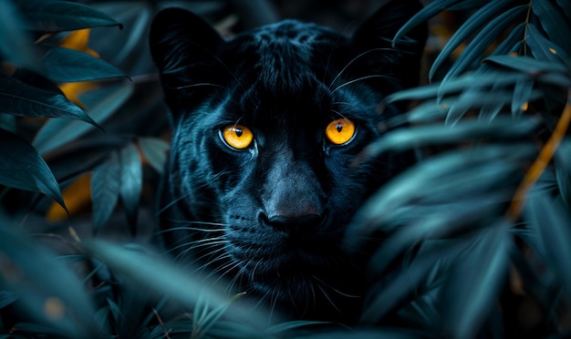 Foto la pantera negra con ojos amarillos penetrantes mira desde un lecho de hojas verdes en su hábitat natural