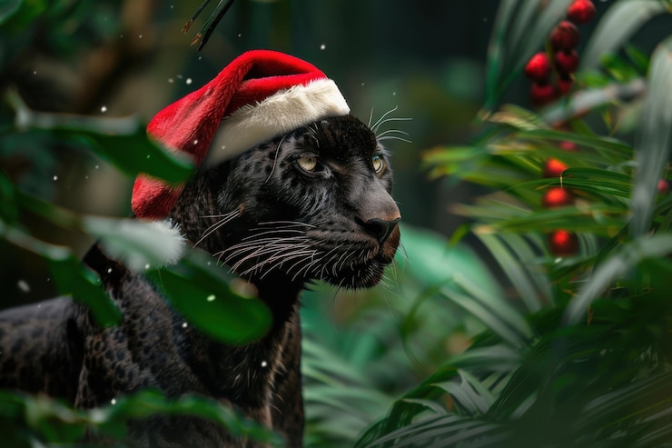 Foto pantera negra usando um chapéu de papai noel em um cenário de selva exuberante misturando a natureza com alegria festiva