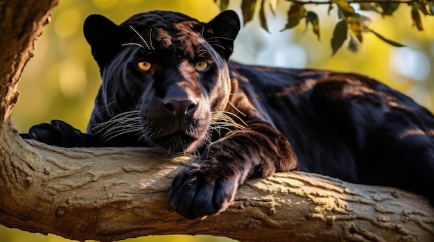 La pantera negra yace en la rama de un árbol.