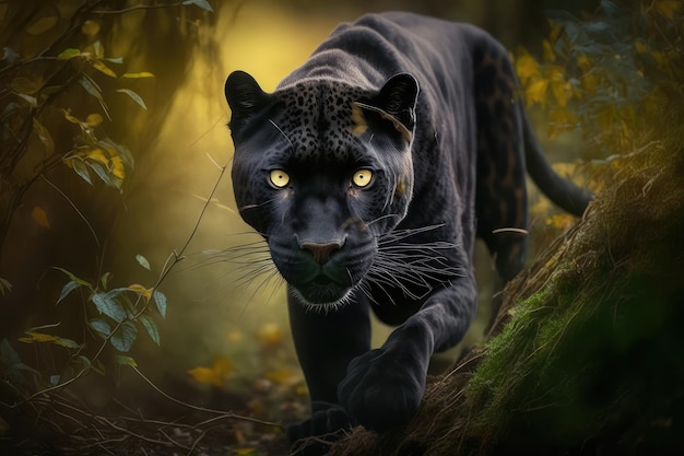 Panther jagt im Wald, seine gelben Augen sind auf Beute gerichtet
