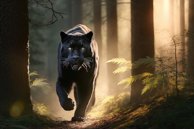 Panther streift durch den Wald, sein schwarzes Fell glänzt im Sonnenlicht