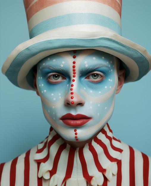 Pantomime-Mann mit roter Farbe, Gesicht, sportlicher Fan-Clown, Zirkus-Porträtkunst