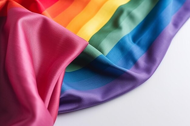 Un pañuelo de seda de los colores del arcoíris con un lazo rosa que dice "orgullo"