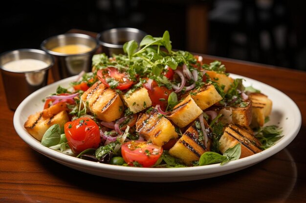 Panzanella artesanal com croutons de focaccia de ervas