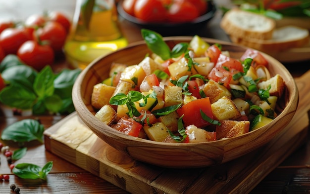 Una Panzanella en el fondo tradicional de Italia foto de publicidad profesional de alimentos generada