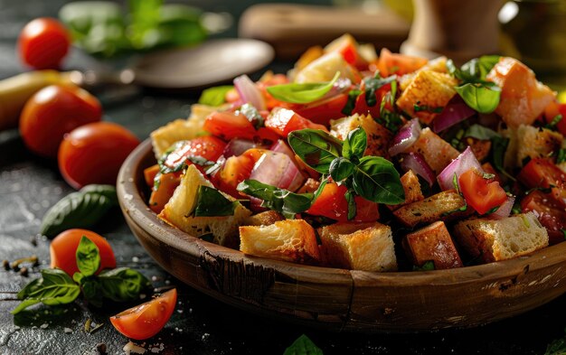 Una Panzanella en el fondo tradicional de Italia foto de publicidad profesional de alimentos generada