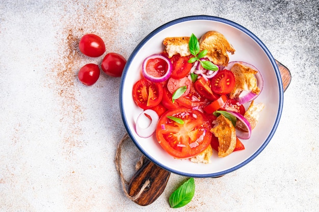 panzanella salat gemüse tomate, getrocknetes brot, zwiebel gesunde mahlzeit essen snack diät auf dem tisch