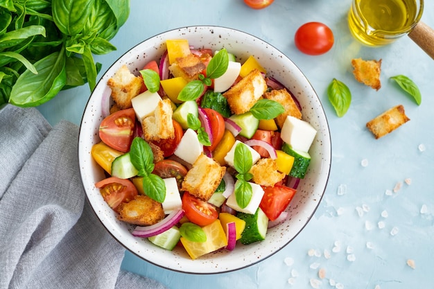 Panzanella-Salat Italienisches Brot und Salat aus frischem Gemüse Kopieren Sie Platz