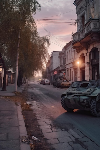 Panzer in der ukrainischen Stadt kämpfen am Abend