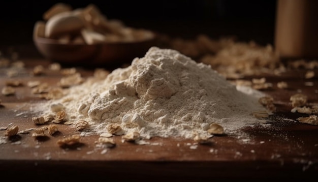 Pão acabado de cozer na mesa de madeira rústica gerada por IA