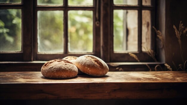 Foto pão acima da mesa de madeira em frente à janela fotografia de alimentos