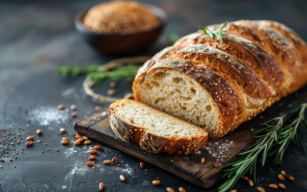 Foto pão artesanal com uma crosta e sementes perfeitas