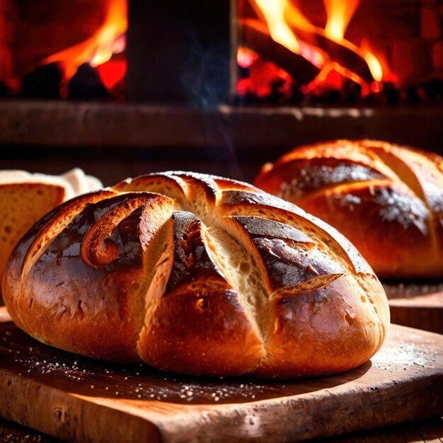 Pão artesanal cozido a partir de um forno de madeira tradicional antiquado