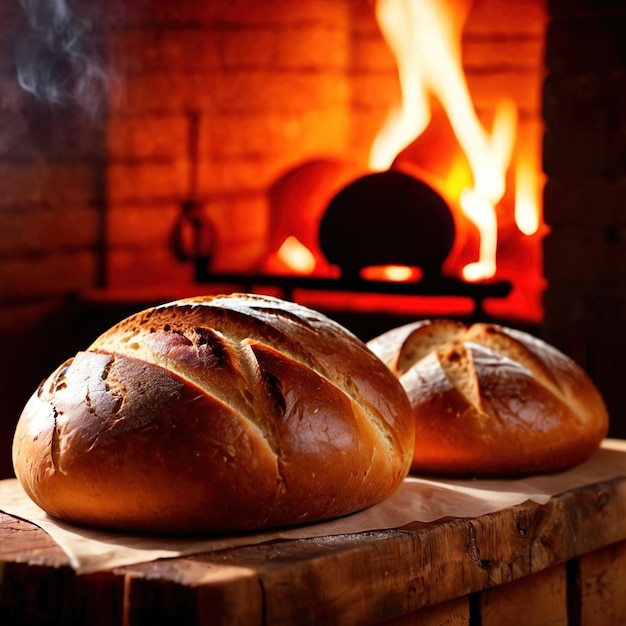 Pão artesanal cozido a partir de um forno de madeira tradicional antiquado