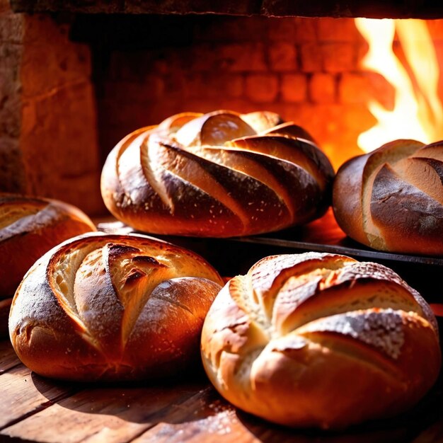 Pão artesanal cozido a partir de um forno de madeira tradicional antiquado