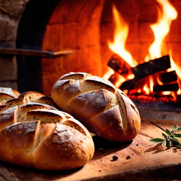 Pão artesanal cozido a partir de um forno de madeira tradicional antiquado