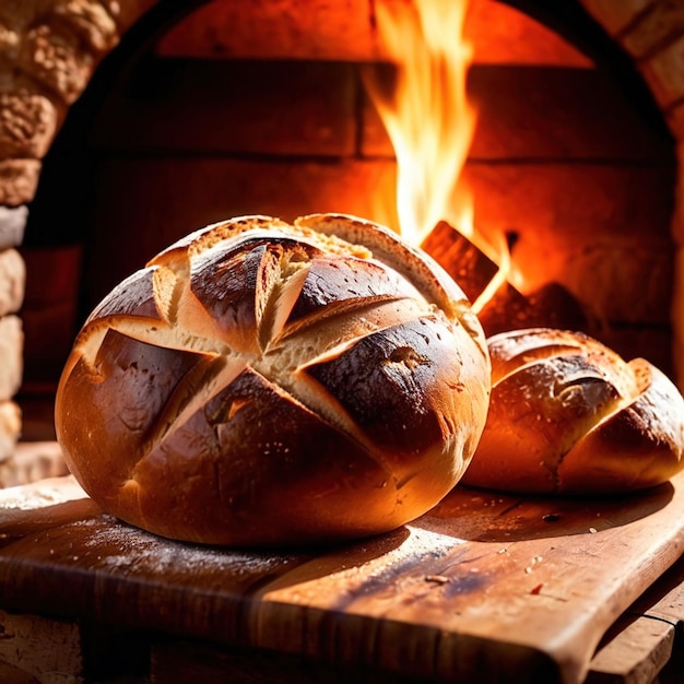 Pão artesanal cozido a partir de um forno de madeira tradicional antiquado