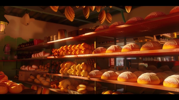 Pão artesanal nas prateleiras da padaria Fotografia de interior de tom quente