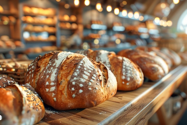 Pão artesanal recém-cozido em prateleiras de madeira em uma padaria rústica com interior quente e brilhante