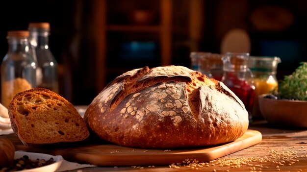 Pão assado caseiro na mesa da cozinha Comida de padaria recém-café da manhã Generative AI