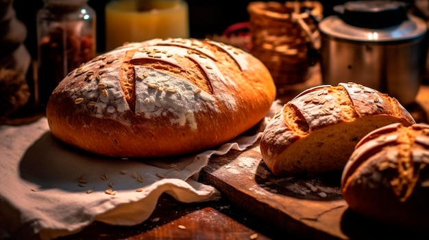 Pão assado caseiro na mesa da cozinha Comida de padaria recém-café da manhã Generative AI