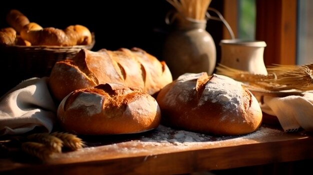 Pão assado caseiro na mesa da cozinha Comida de padaria recém-café da manhã Generative AI