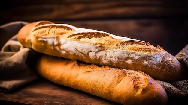 Pão baguete tradicional francês e trigo em uma mesa