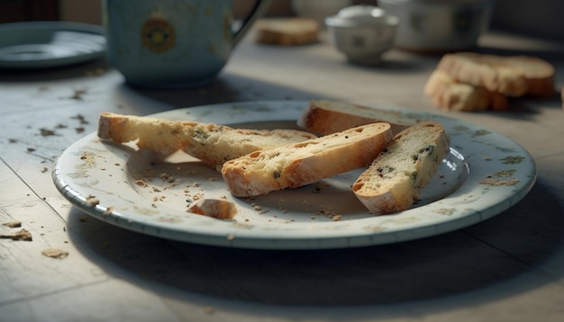 Pão caseiro recém-cozido em uma mesa rústica gerada por inteligência artificial