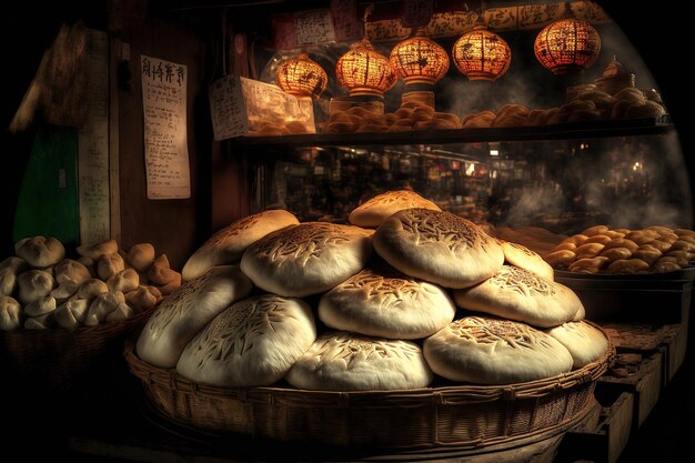 Pão chinês Baozi à venda em um mercado chinês