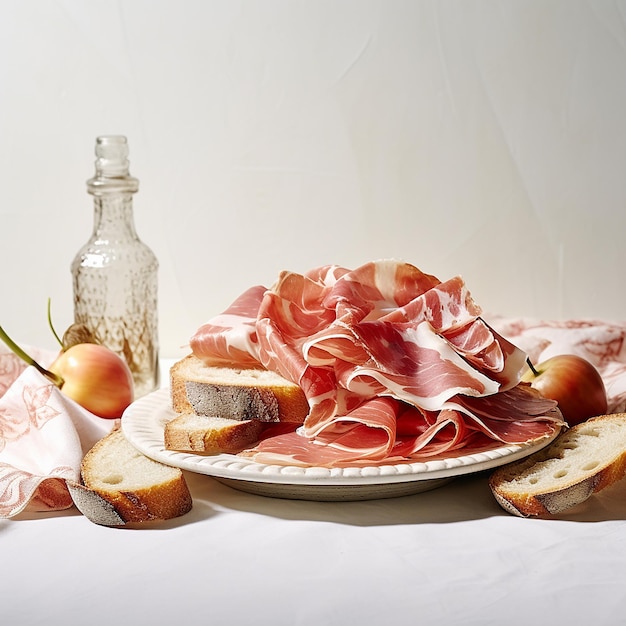 Foto pão com presunto de parma em uma mesa branca