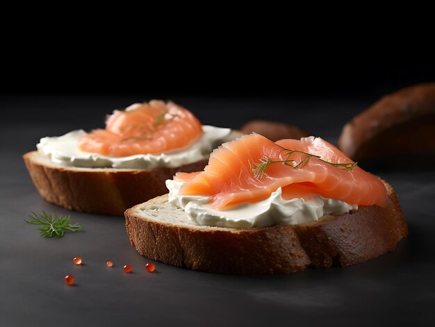 Pão cozido com salmão fumado e queijo creme Ai Generative