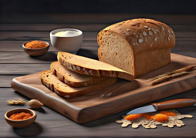 Pão crocante em uma velha tábua de madeira castanha escura Close-up de pão de farelo cortado em uma táboa de madeira IA generativa