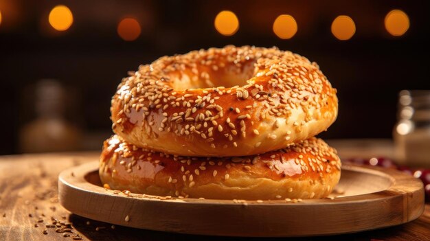 Pão de bagels com açúcar polvilhado e sementes de gergelim no desfoque de fundo da mesa de madeira