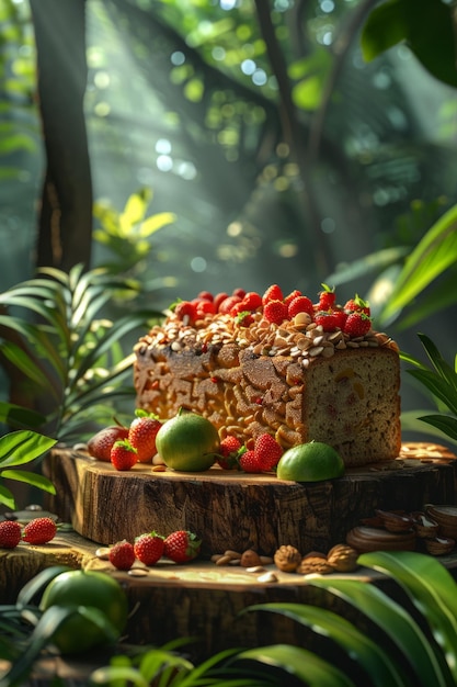 Pão de banana delicioso com morangos frescos e limões