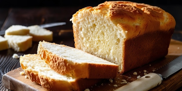 Pão de bolinho orgânico fresco cozido cortado com clices em madeira