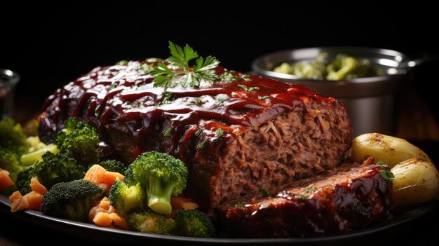 Foto pão de carne delicioso com cobertura de vegetais preto e fundo desfocado