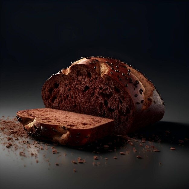 Pão de chocolate com lascas de chocolate em um fundo escuro em tons