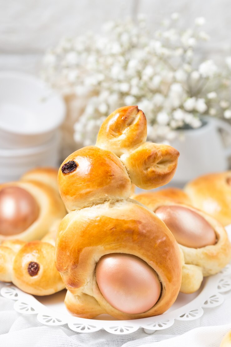 Foto pão de coelhinho da páscoa com ovo.